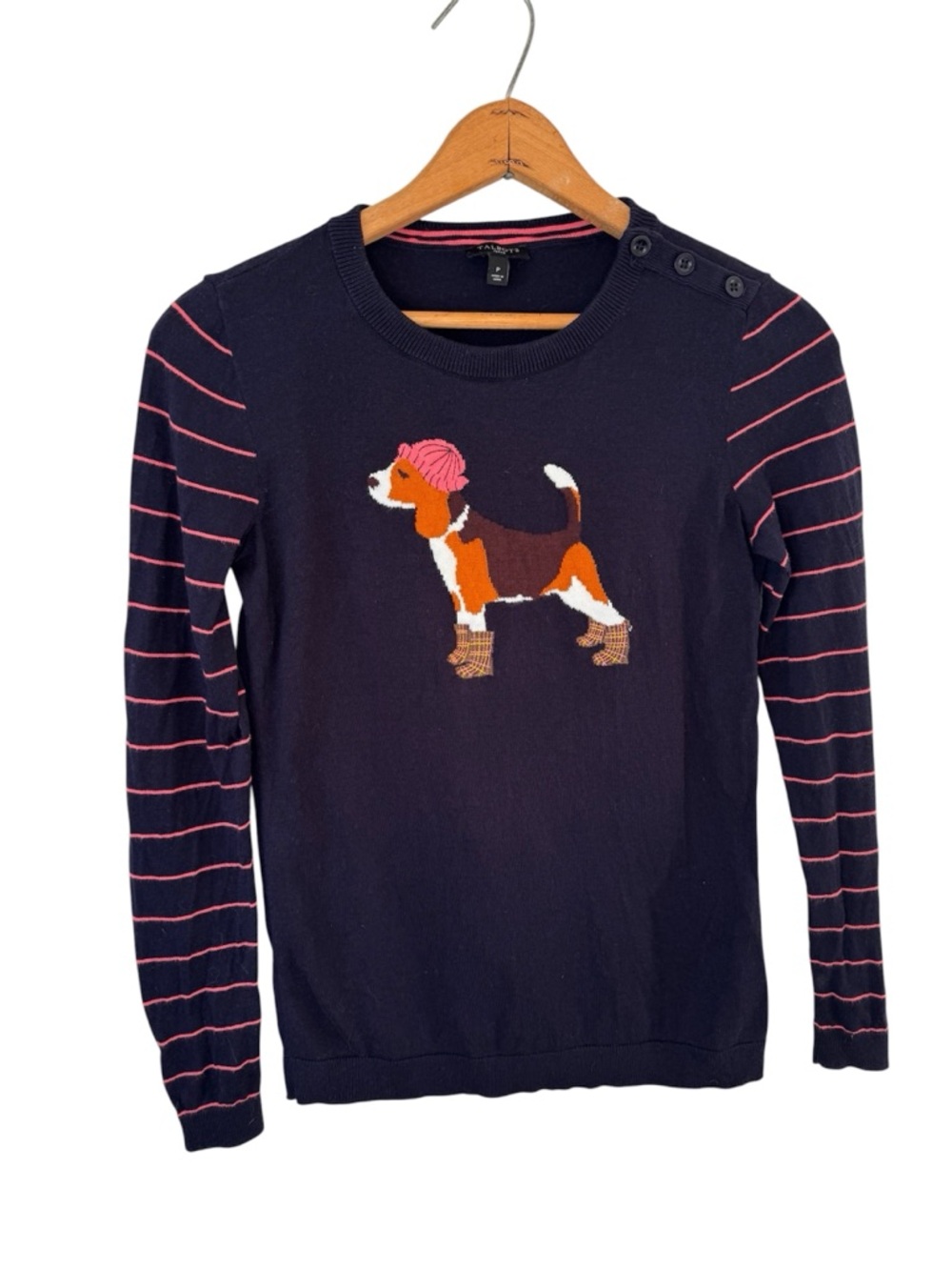 Talbots Petite Beagle Intarsia Sweater Navy Pink Striped Dog Preppy Top